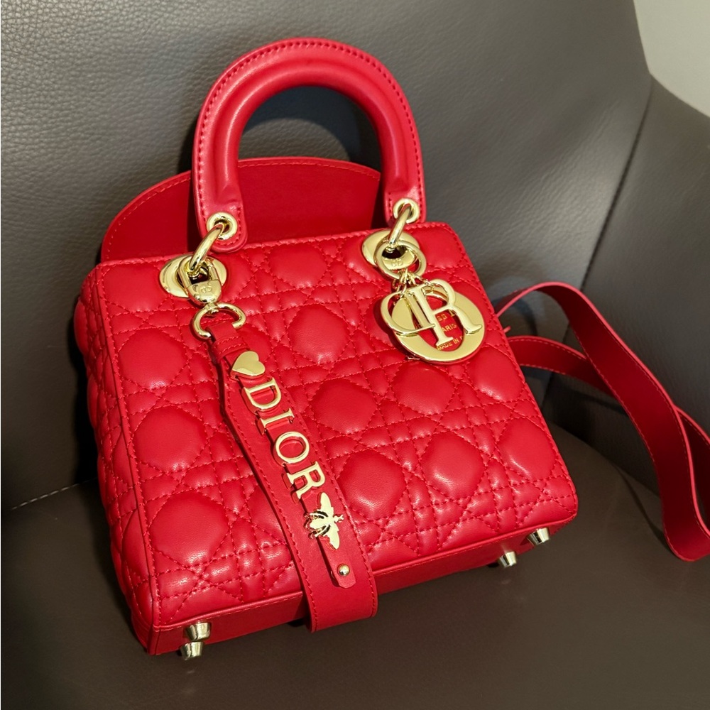 “COPY” Mini Lady Dior Red Quilted Satchel with Gold Hardware
